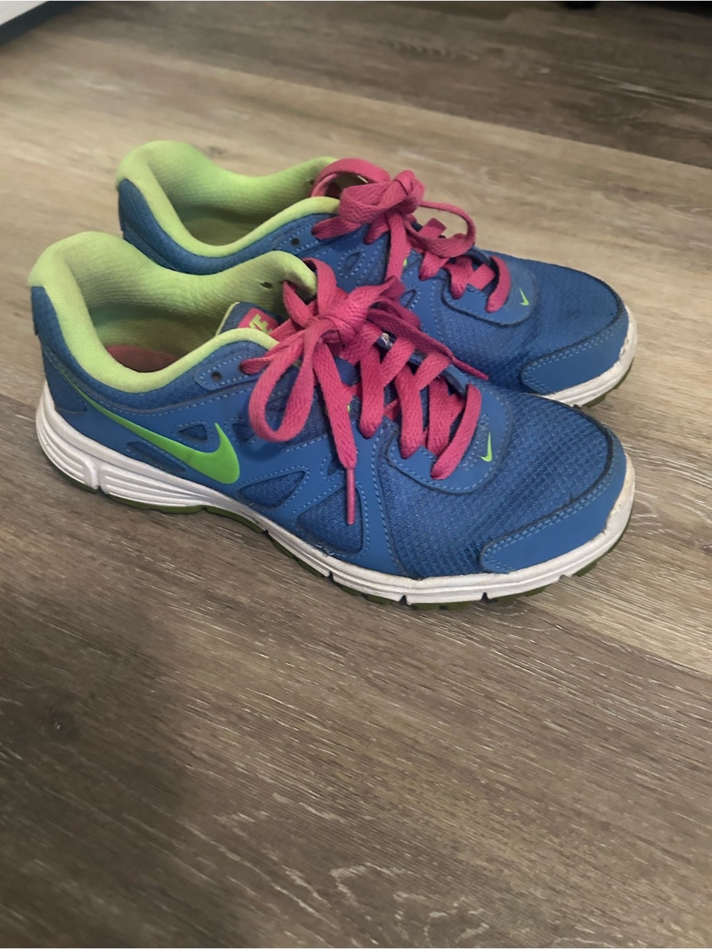 Nike Kids Blue Sneakers with Pink Laces and Lime Accents